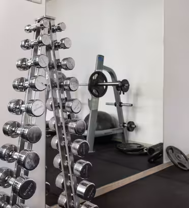 A gym with a rack of shiny silver dumbbells, a barbell on a bench press station, and scattered weights on black flooring. A large mirror reflects the equipment, and a foam roller is visible on the floor.